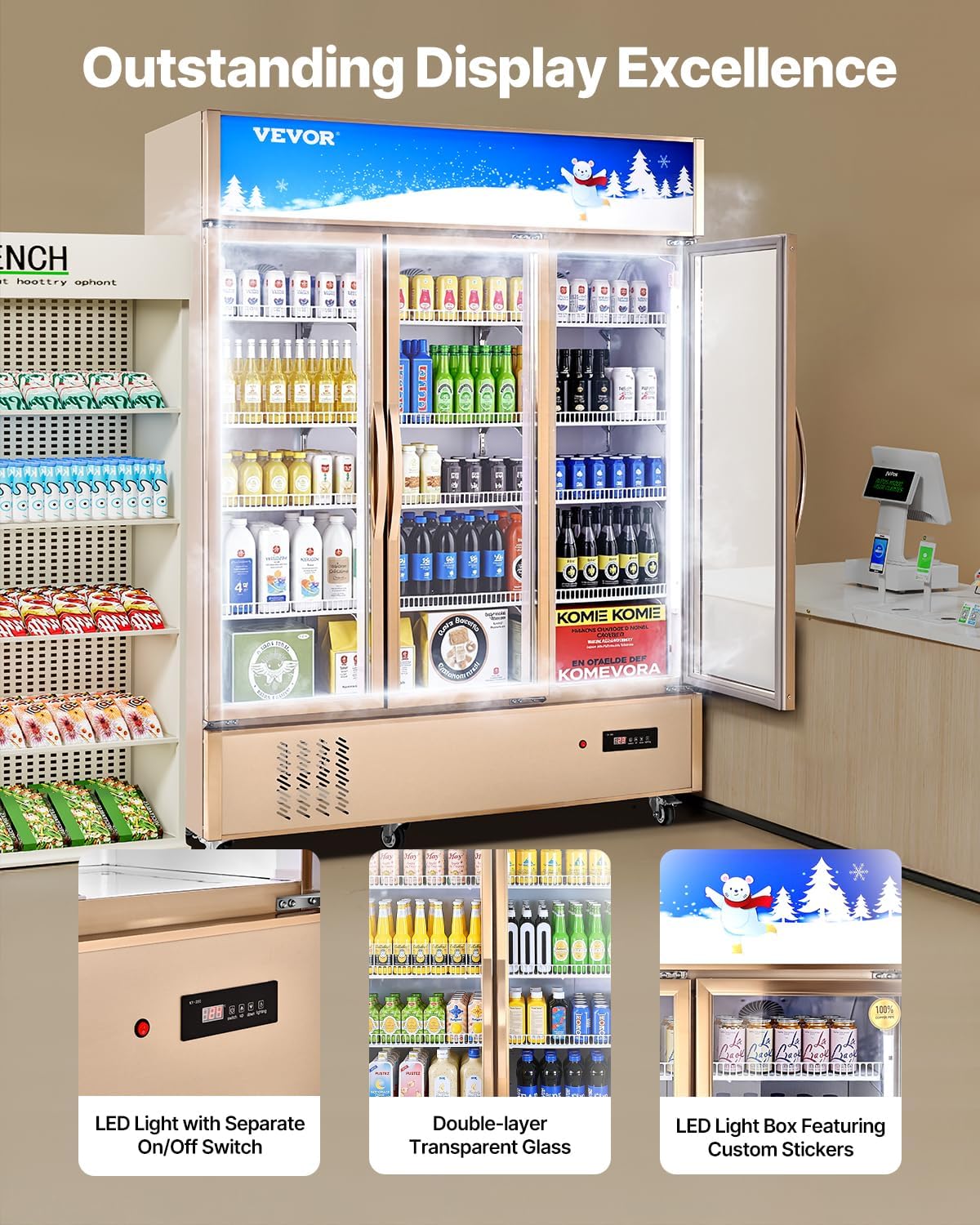 VEVOR Commercial Merchandiser Refrigerator Triple Glass Doors, Cubic Ft, Upright Display Beverage Cooler 79' Tall x 60' Width, Fridge with LED Lighting for Drink Wine Soda, Gold, 35 cu.ft