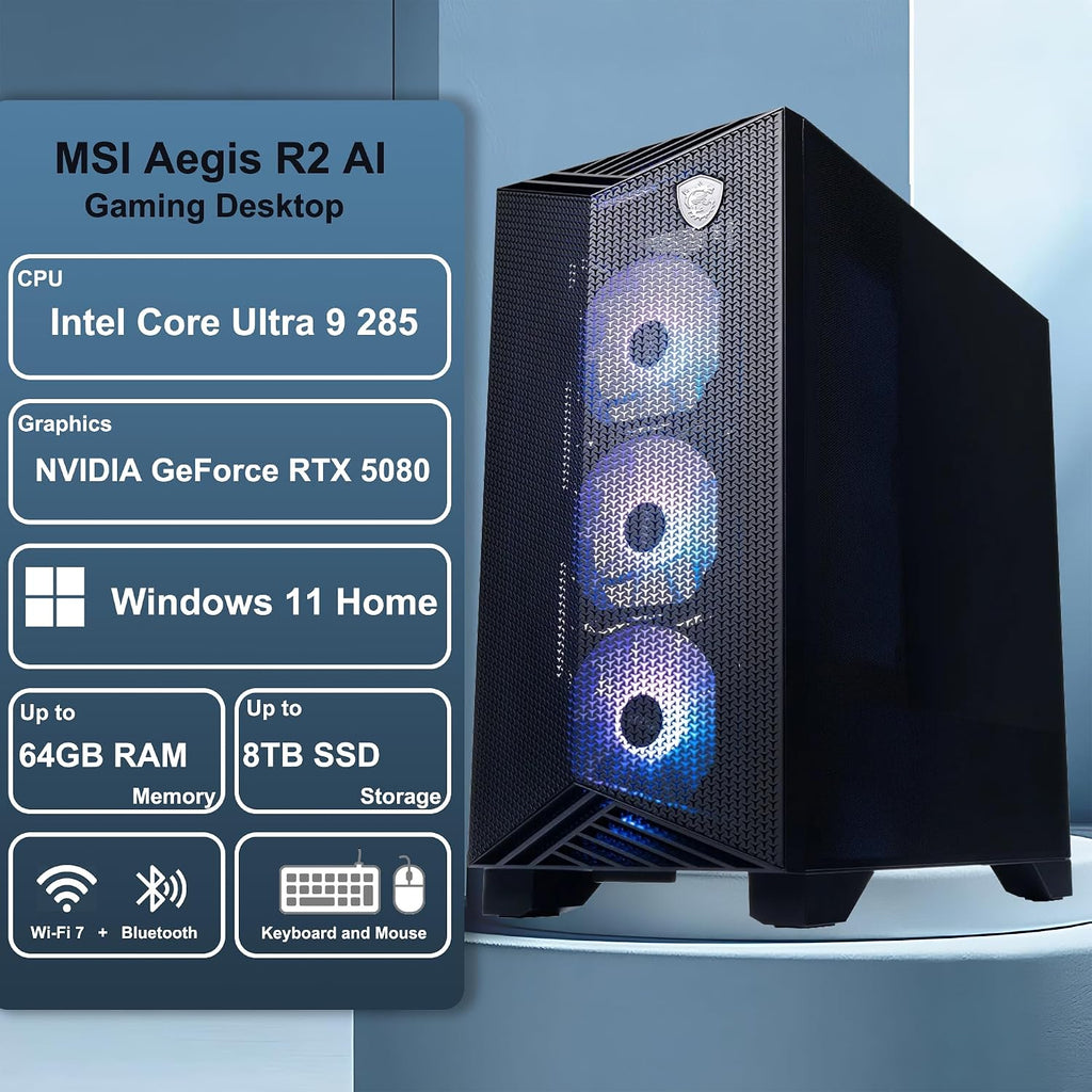 msi Aegis R2 AI 2nd Gaming Desktop Intel 24-core Ultra 9 285 64GB RAM 2TB SSD GeForce RTX 5080 (Up to 1801 Tops) 360mm Liquid Cooler 5Gb LAN Wi-Fi7 850W 80+ Gold PSU Win11 ICP Hub