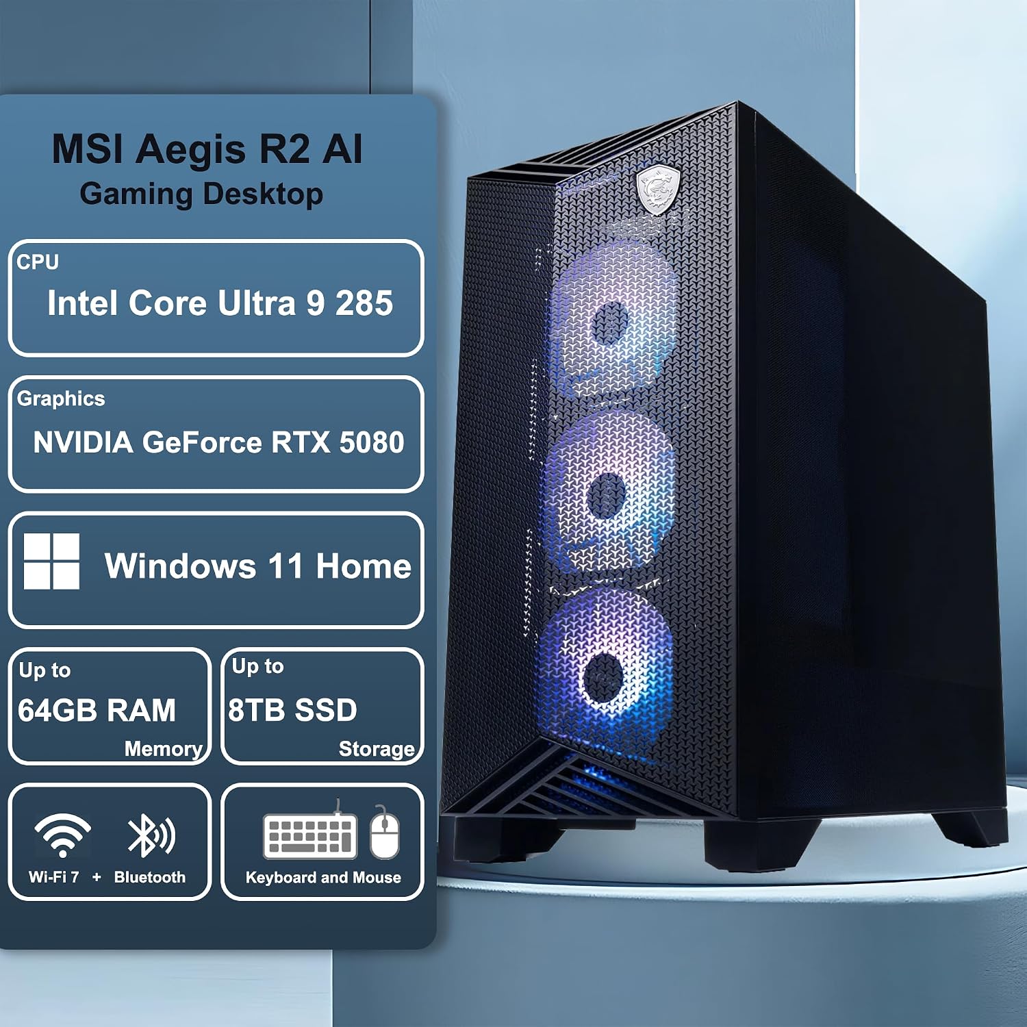 msi Aegis R2 AI 2nd Gaming Desktop Intel 24-core Ultra 9 285 64GB RAM 2TB SSD GeForce RTX 5080 (Up to 1801 Tops) 360mm Liquid Cooler 5Gb LAN Wi-Fi7 850W 80+ Gold PSU Win11 ICP Hub