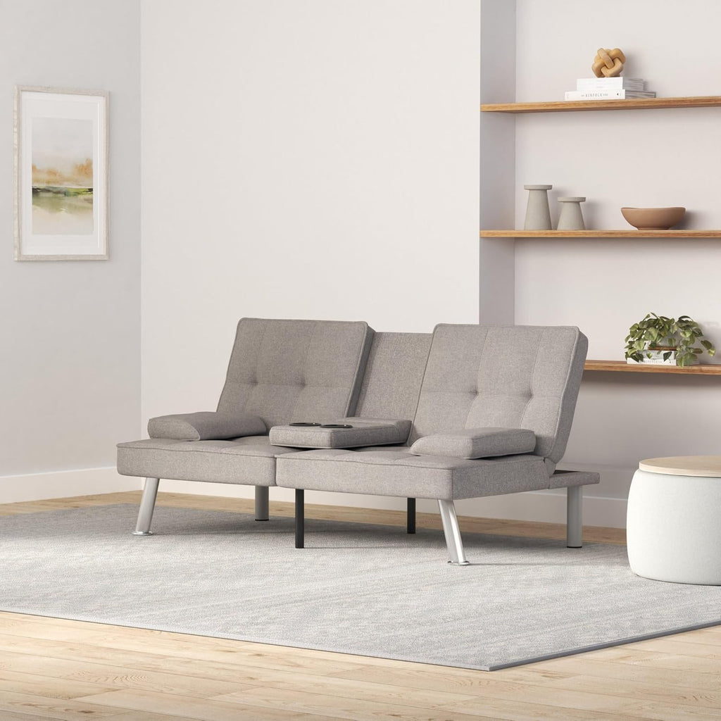 Best Choice Products Linen Modern Folding Futon, Reclining Sofa Bed for Apartment, Dorm w/Removable Armrests, 2 Cupholders - Light Gray
