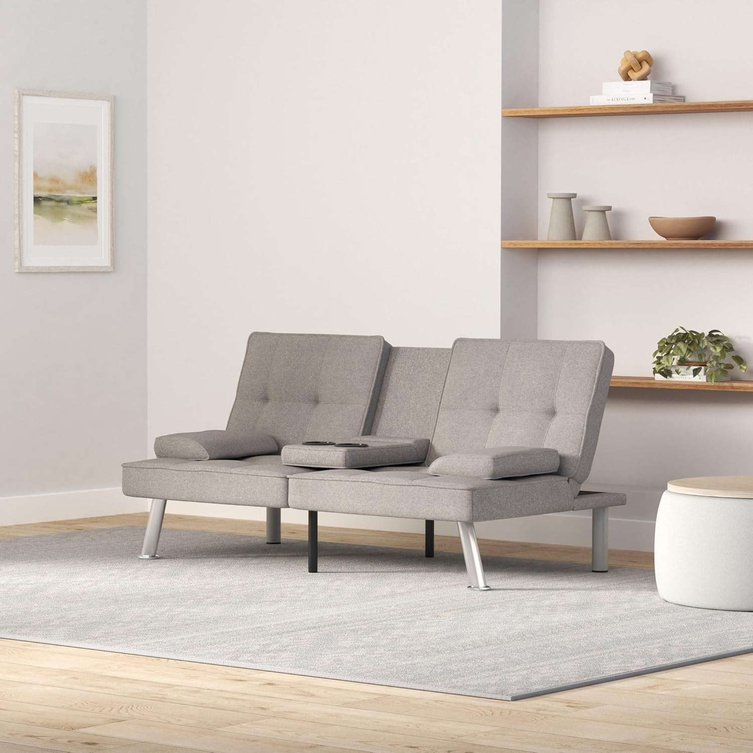 Best Choice Products Linen Modern Folding Futon, Reclining Sofa Bed for Apartment, Dorm w/Removable Armrests, 2 Cupholders - Light Gray