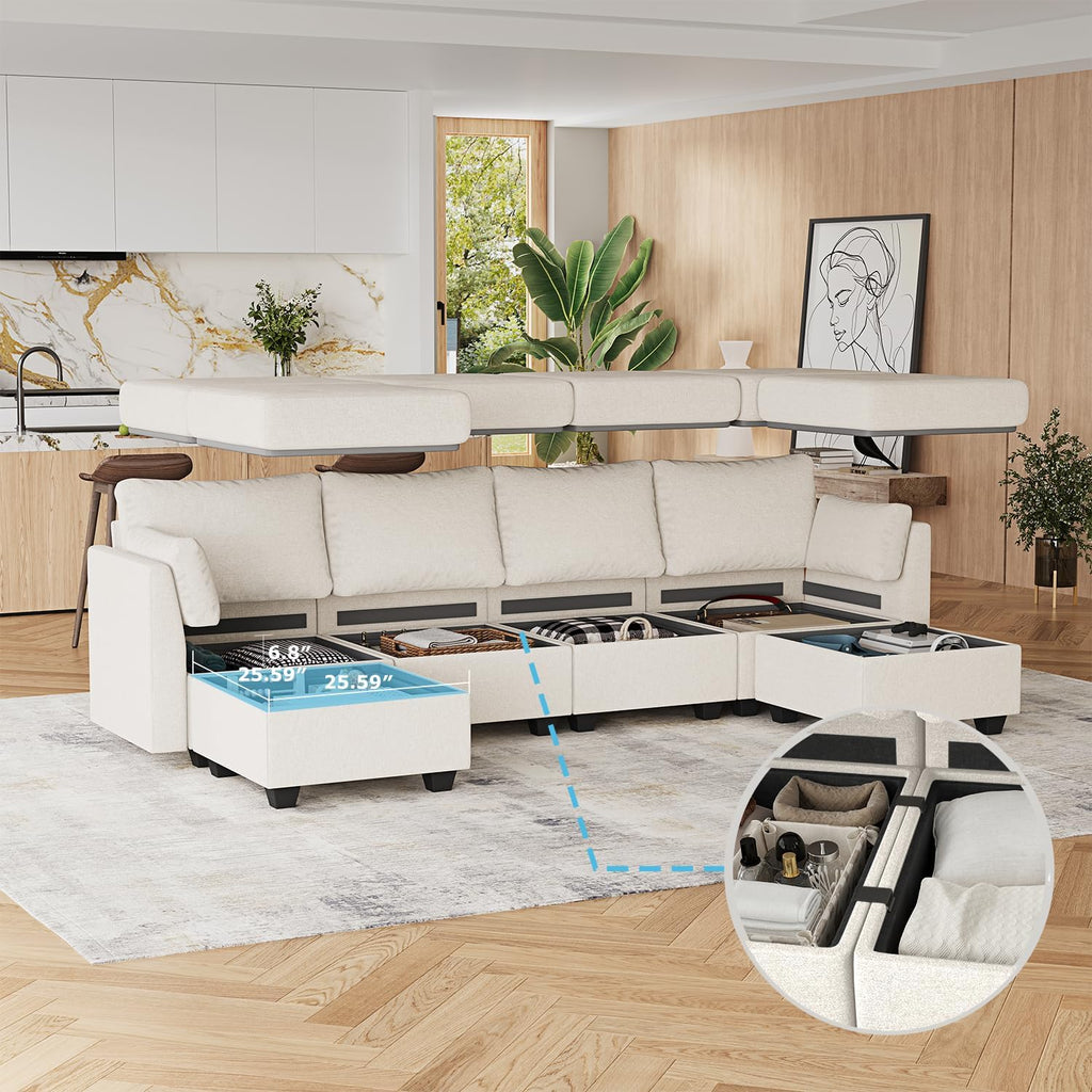 Huatean Home 114.17' Modular Sectional Sofa, 6 Seat Modular Couch with Storage, Memory Foam, Convertible Sectional Couches for Living Room, U Shaped Comfy Modular Sofa with Chaise, Beige