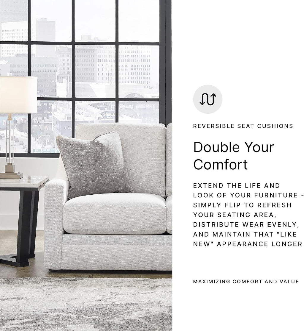 Signature Design by Ashley Maitelynn Contemporary Loveseat with Accent Pillows, Reversible Cushions and Sloped Arms, Light Gray