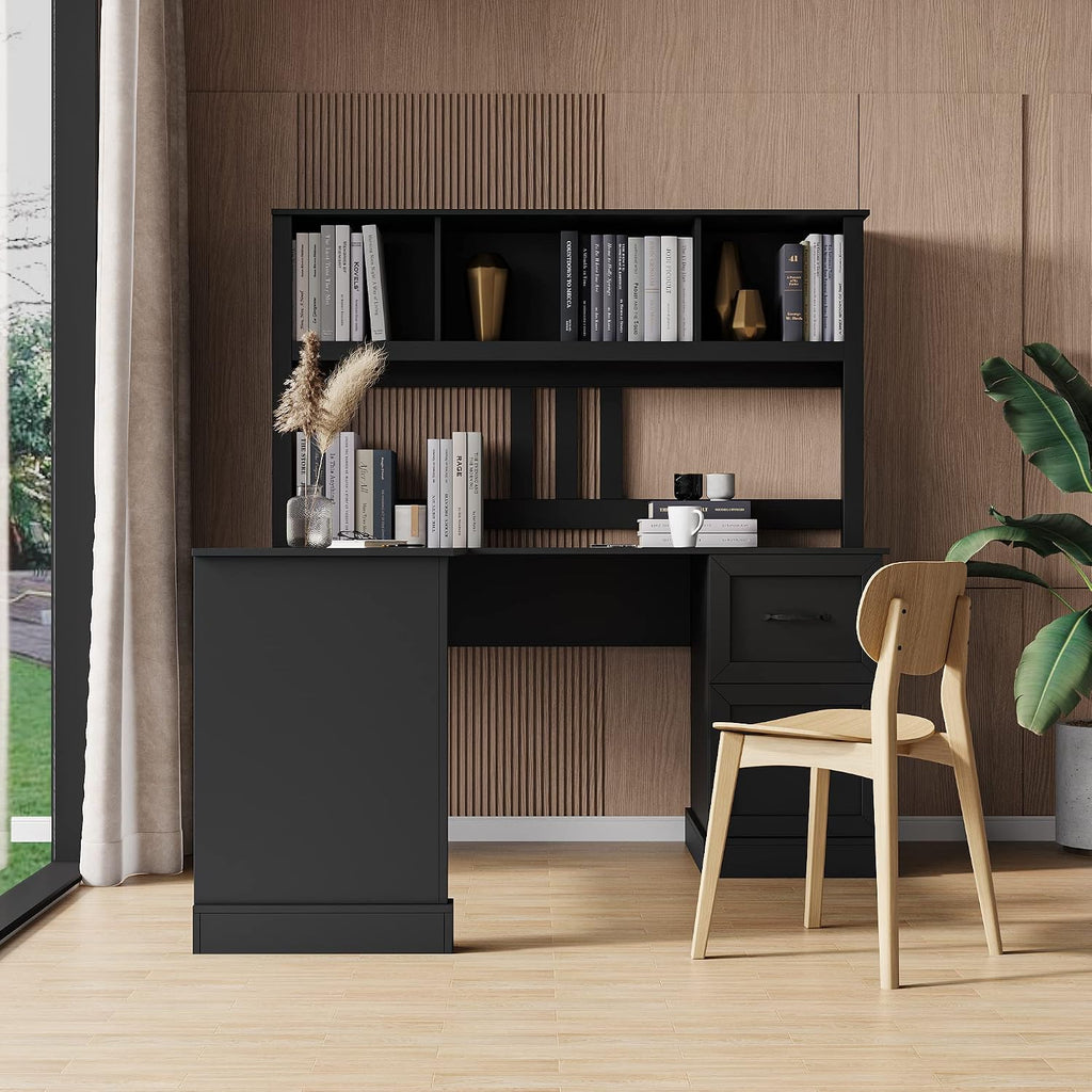Bellemave L Shaped Computer Desk with Hutch, Home Office Desk with Drawers and Bookshelf, Corner Desk, Study Table Writing Desk with Storage, Easy Assemble, Antiqued Black