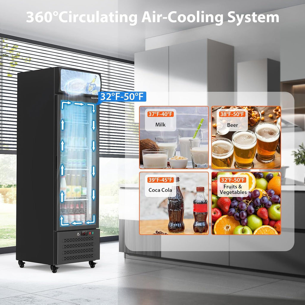 IDEALHOUSE 13.4 Cu.Ft Commercial Display Refrigerator, Single Glass Door Beverage Cooler with 4 Adjustable Shelves & LED Lighting, Black Drink Fridge for Store or Home