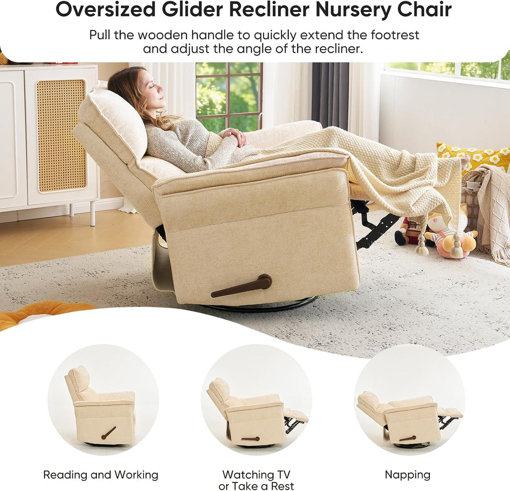 Rocking Chair Nursery with Adjustable Headrest,Manual Swivel Rocker Recliner Nursery Chair with Overstuffed Armrest,Glider Rocker Recliner for Living Room & Bedroom,Beige