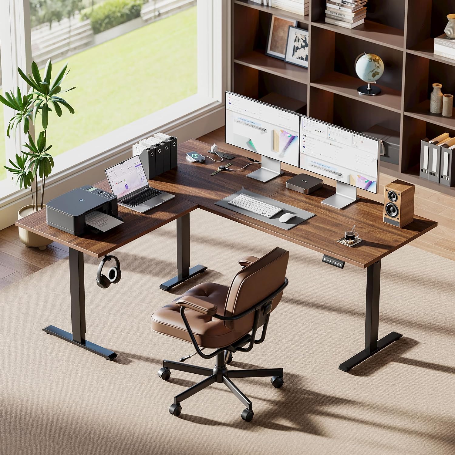 Agilestic Electric L Shaped Standing Desk 63 x 48 Inch with Power Outlet, Height Adjustable Corner Stand up Desk with Cable Management,Sit Stand Home Office Workstation with Splice Board, Dark Walnut
