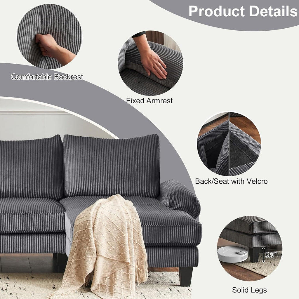 Karl home U-Shape Sectional Sofa Couch 111' Modern 4-Seat Sofa with Chaises Corduroy Fabric Upholstered Covertible Couch with Wood Grain Legs for Living Room, Reception Room, Apartment, Dark Gray