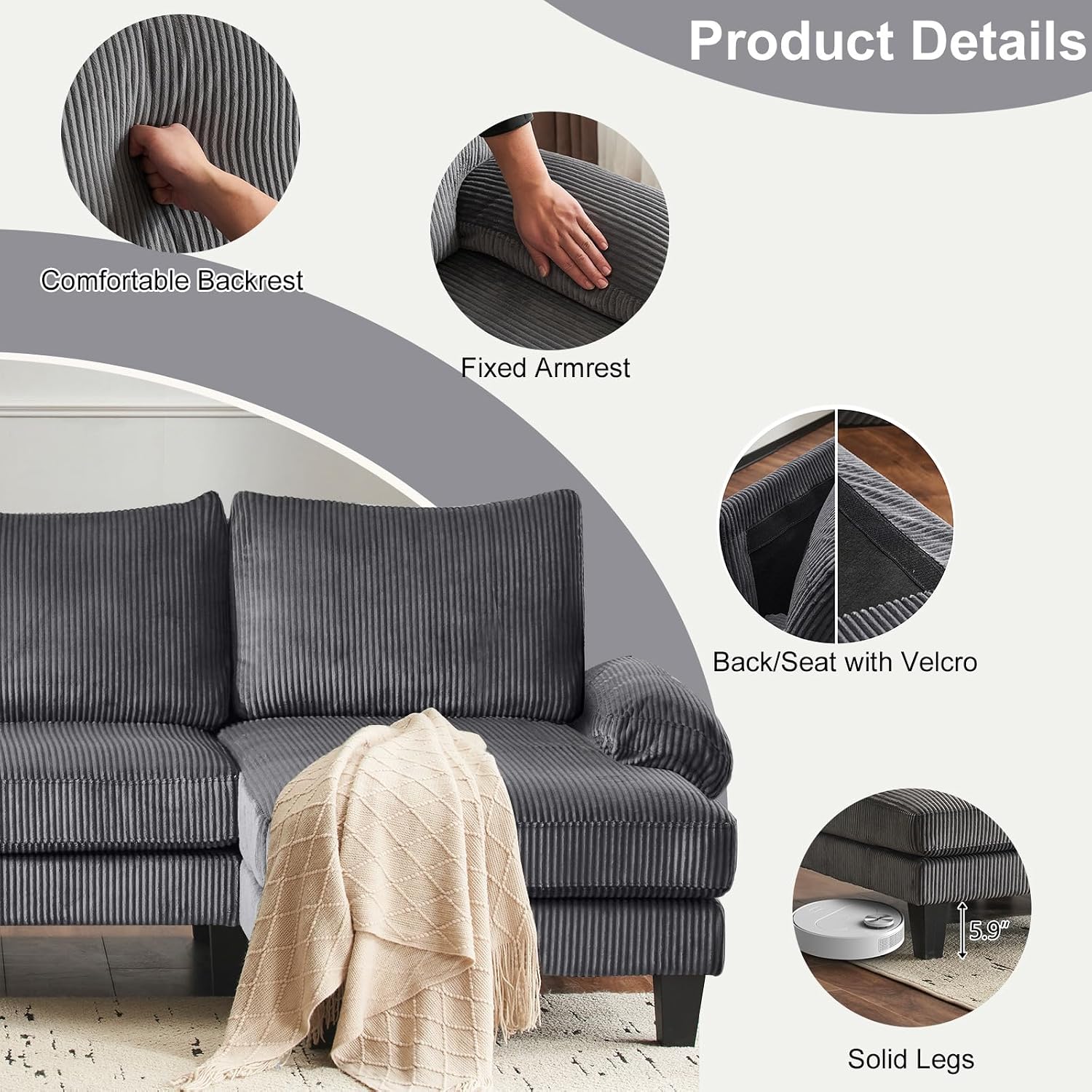 Karl home U-Shape Sectional Sofa Couch 111' Modern 4-Seat Sofa with Chaises Corduroy Fabric Upholstered Covertible Couch with Wood Grain Legs for Living Room, Reception Room, Apartment, Dark Gray
