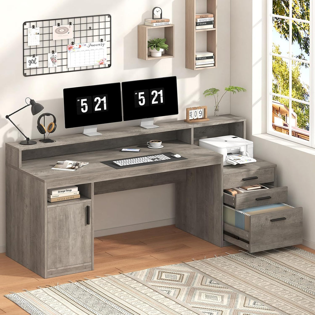 YOMILUVE Executive Computer Desk with 3 Drawers & Storage Shelves, 65 Inch Home Office Desk with File Drawer & Cabinet, Writing Study Desks with Monitor Stand & Printer Shelf, Executive Desk, Grey