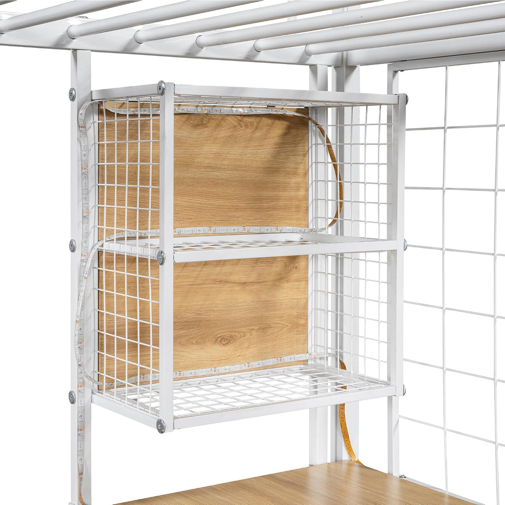 MERITLINE Full Gaming Loft Bed with Desk and Storage Wardrobe& LED RGB,Metal Gaming Bed with Stairs and Storage Case,for Adults Teens (White)