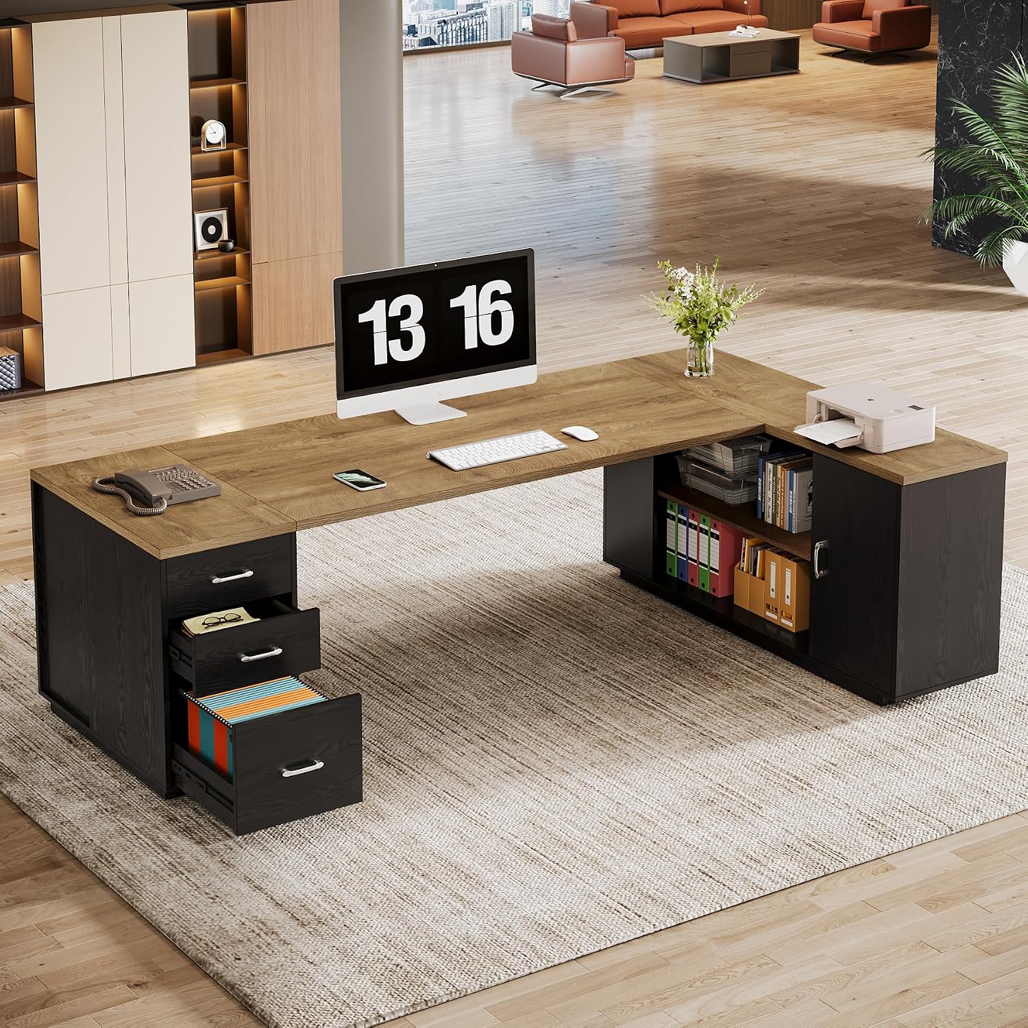 Tribesigns 85.8-Inch L-Shaped Executive Desk with File Drawers, Door Cabinet & Shelves, Extra Large Commercial Office Desk, Modern Professional Office Table, Business Furniture, Natural & Black