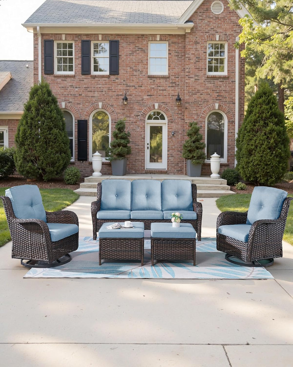 Pop 22x25/22x24 Outdoor Replacement Cushions - 1 Set High Back Deep Seat Patio Furniture Cushion for Rattan Dining Swivel Rocking Chairs Loveseat Couch Sectional Sofa - Baby Blue/Button