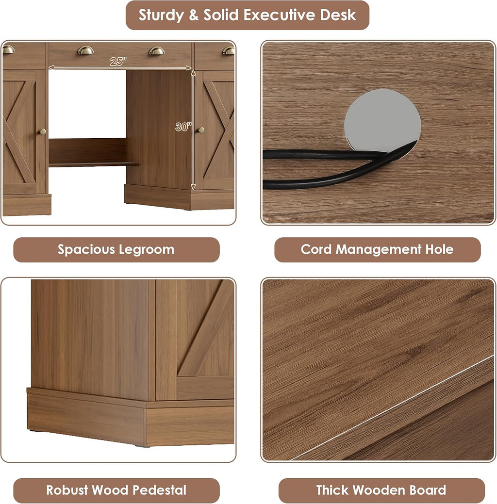 Keyluv 75' Executive Desk with Hutch and Drawers, Computer Desk with Glass Door and Storage Cabinet, 63' W Large Farmhouse Workstation for Home Office Study Writing Gaming Table, Brown