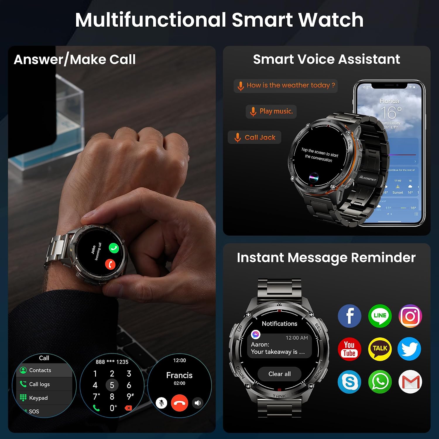 KOSPET Tank T3 Ultra 2 GPS Smart Watch for Men, Extra-Long Battery, Full Stainless Steel Body Rugged Smartwatch with Bluetooth Calling, Pressure&Altitude&Compass, 1.43' AMOLED Display(2 Bands)