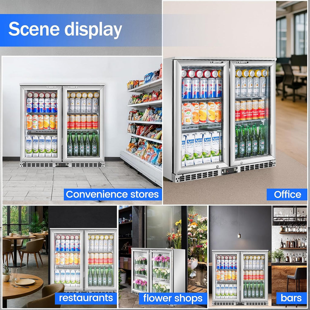 Back Bar Cooler with 2 Glass Doors Under Counter Commercial Beverage Refrigerator Silver Stainless Steel 7.4 Cu.ft. ETL Drink Fridges for Bar,Office