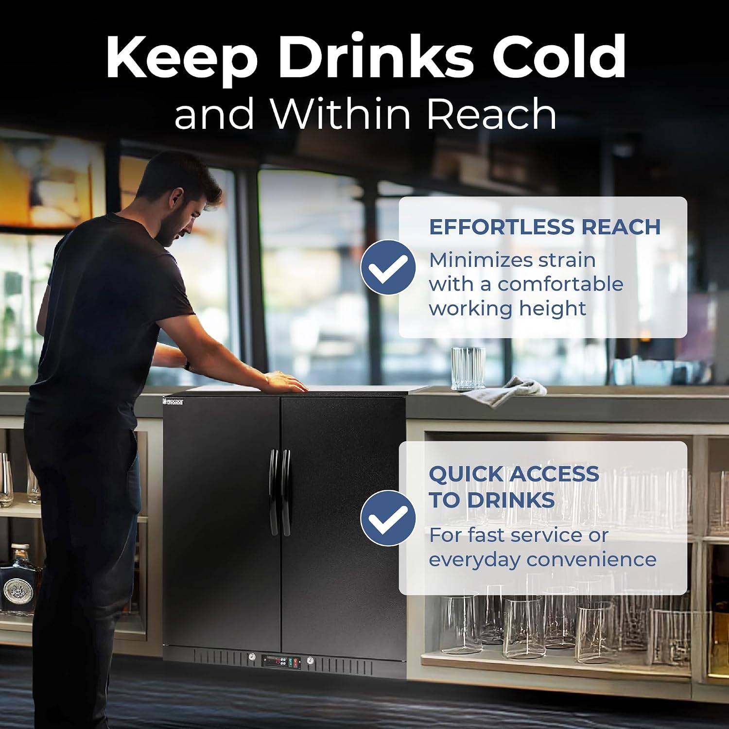 Procool 2-Door Counter Height Beverage Refrigerator - 36' Wide Energy Efficient Black Bar Fridge With LED Lighting - Commercial Back Bar Cooler