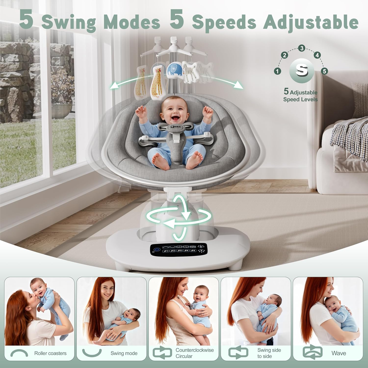 AMKE Luxury Electric Baby Swing Rocker for Infants, 5 Soothing Motions & Speeds, 3-Position Recline, Stable Dual-Motor Sway Rocking Chair for Baby Boy Girl Shower Gifts, Newborn Essentials for Parents