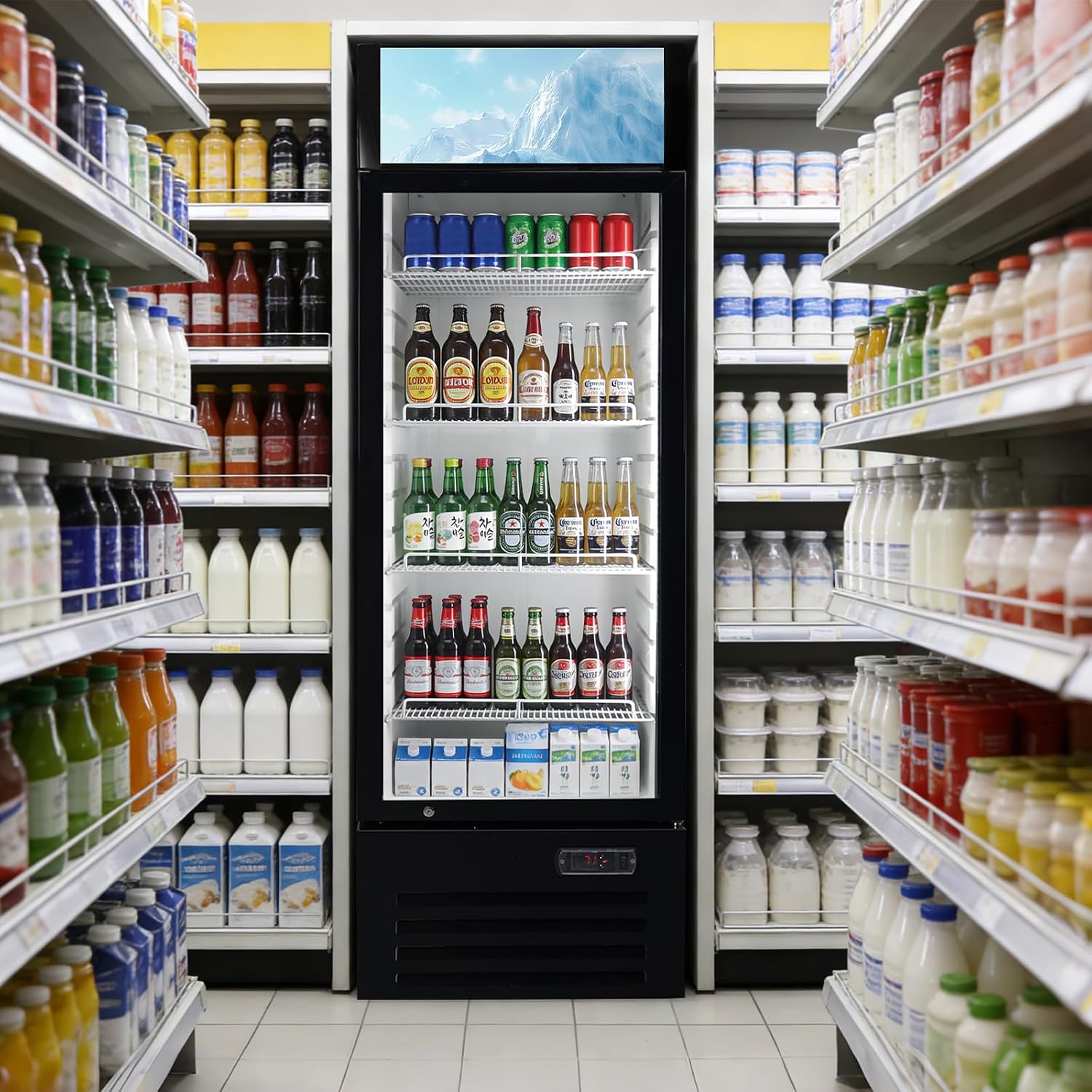 12.5 Cu Ft Commercial Beverage Refrigerator with 1 Glass Doors - Upright Drink Cooler Merchandiser with LED Light Display, 4 Adjustable Shelves, Black, ETL Approved for Business & Retail