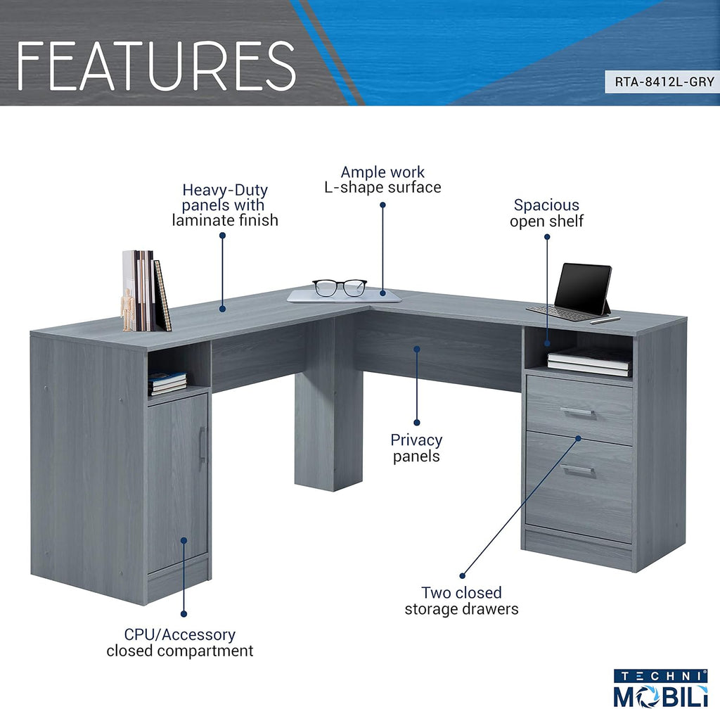 Techni Mobili Functional L-Shaped Computer Desk with storage, L is ⁠59.5' wide x 59.5' Long, Grey