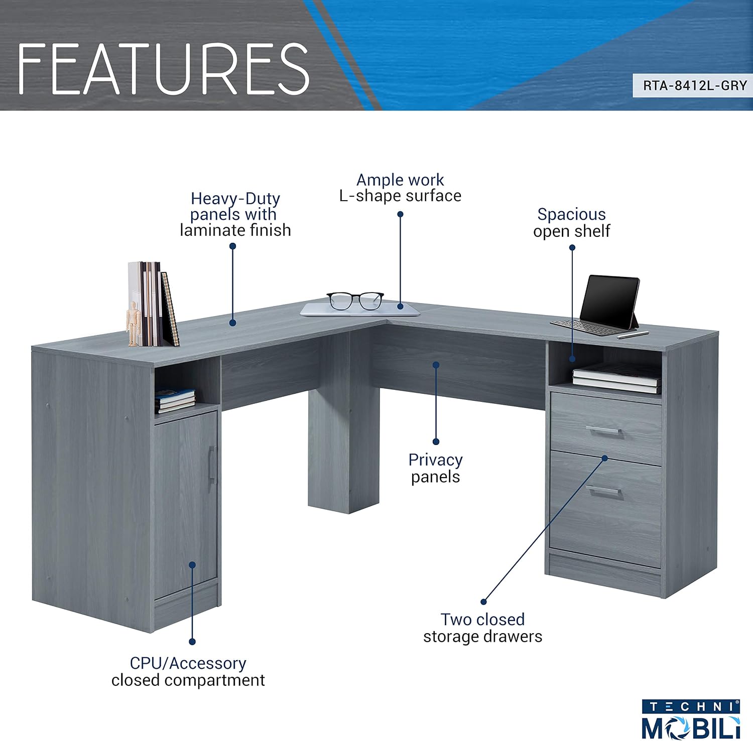 Techni Mobili Functional L-Shaped Computer Desk with storage, L is ⁠59.5' wide x 59.5' Long, Grey