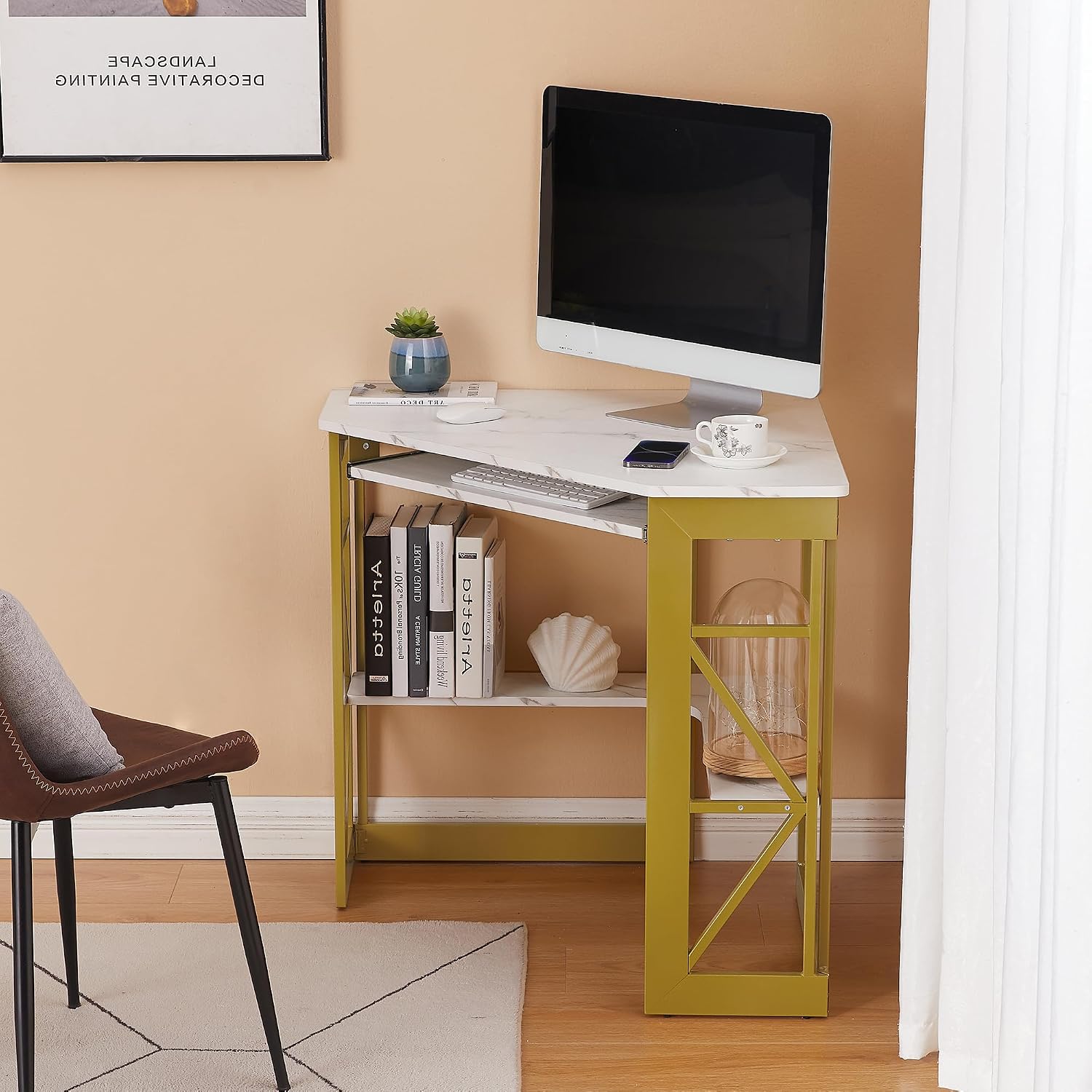 VECELO Corner Desk Computer Desk Writing Table with Smooth Keyboard Tray&Storage Shelves for Small Spaces/Compact Home Office Triangle Table,Gold & White