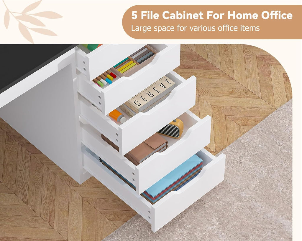YOMILUVE 2 Person Desk with 5 Drawers and Power Outlets, 78.7 Inch Long Computer Desk with Storage File Cabinet, Two Person Home Office Double Desk with Storage, Black and White