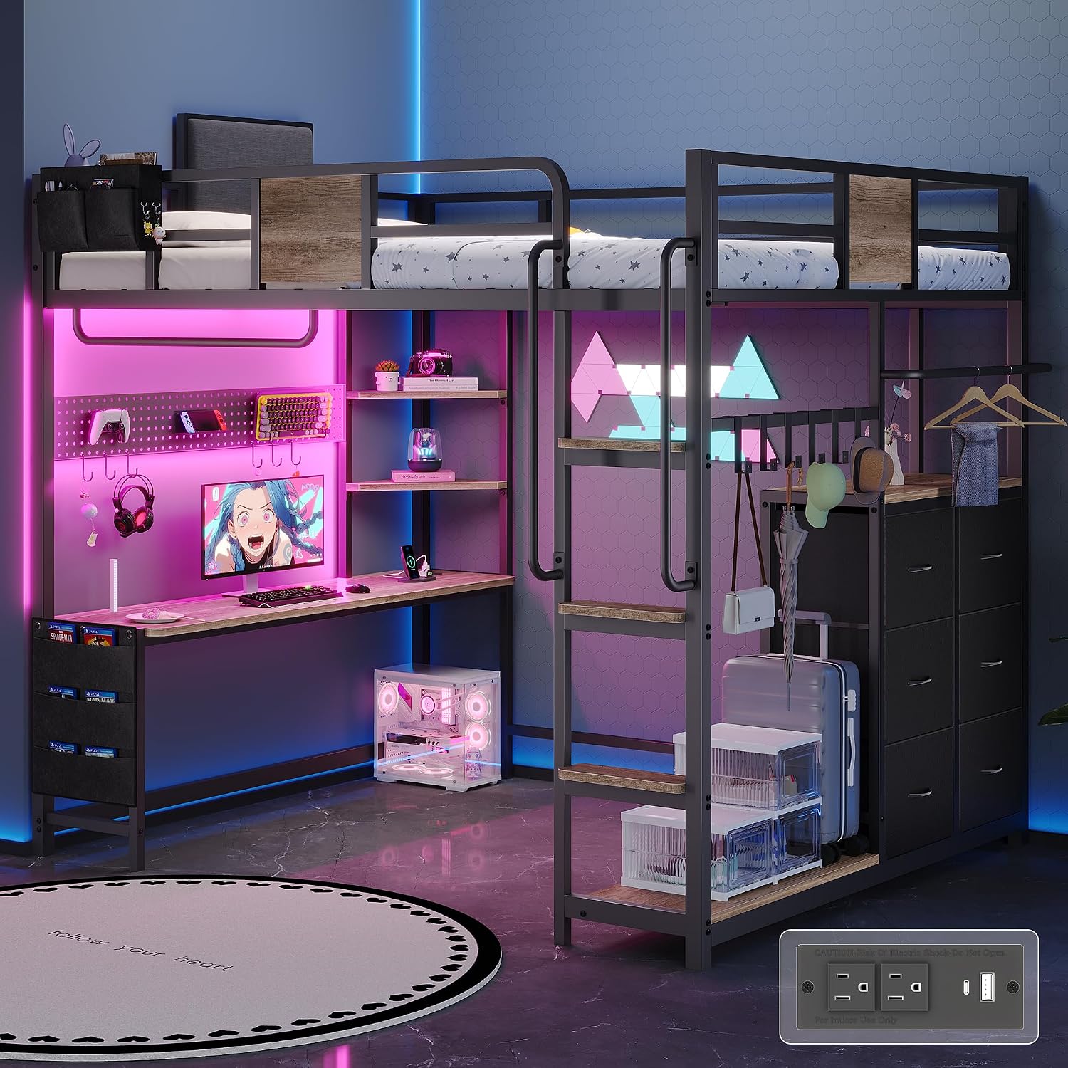 Dnxao Full Size Loft Bed with Desk, Heavy Duty Metal Bed Frame for Teens Adults, 6 Storage Drawers, Power Outlet with Type-C, LED Lights, Integrated Study Workstation for Small Room,Oak Gray