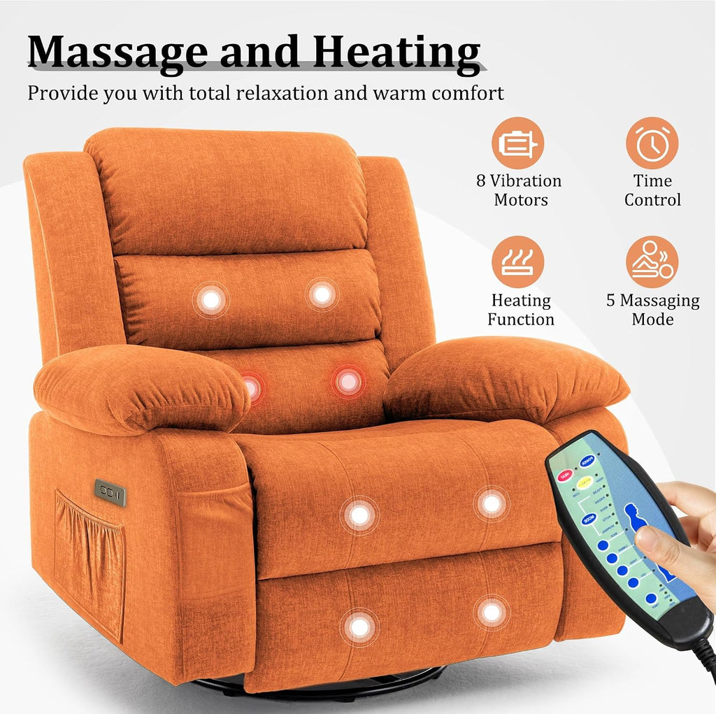 Korser Power Recliner Chair, Electric Rocker Recliner with Massage and Heat, 270° Swivel Glider, Oversized Wide Seat with USB Port, Cashmere Nursery Chair for Living Room, Orange