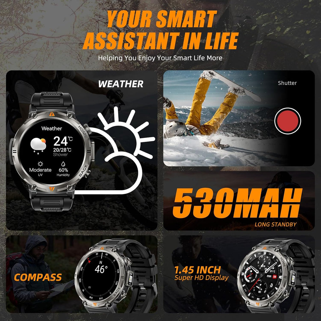 Military Smart Watches for Men Built-in GPS with LED Flashlight Compass, 3ATM Waterproof Rugged Tactical Smartwatch with Text and Call, 1.45' HD Fitness Tracker with HR SPO2 Monitor for iPhone Android