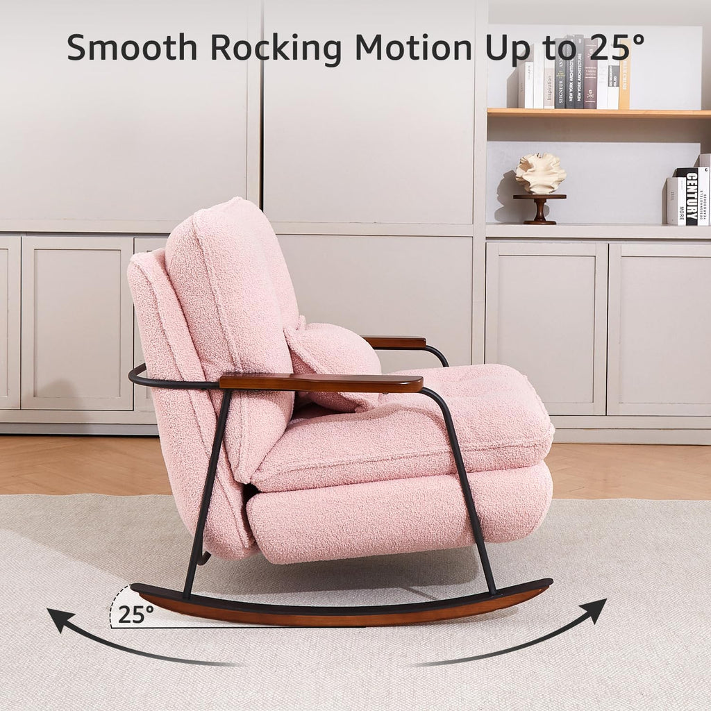 zyz Nursery Rocking Chair with Pillow, Teddy Upholstered Oversized Accent Chair Rocker Recliner, Solid Wood Frame, DIY Ottoman Footrest, Lazy Sofa for Living Room Bedroom (Teddy, Pink)