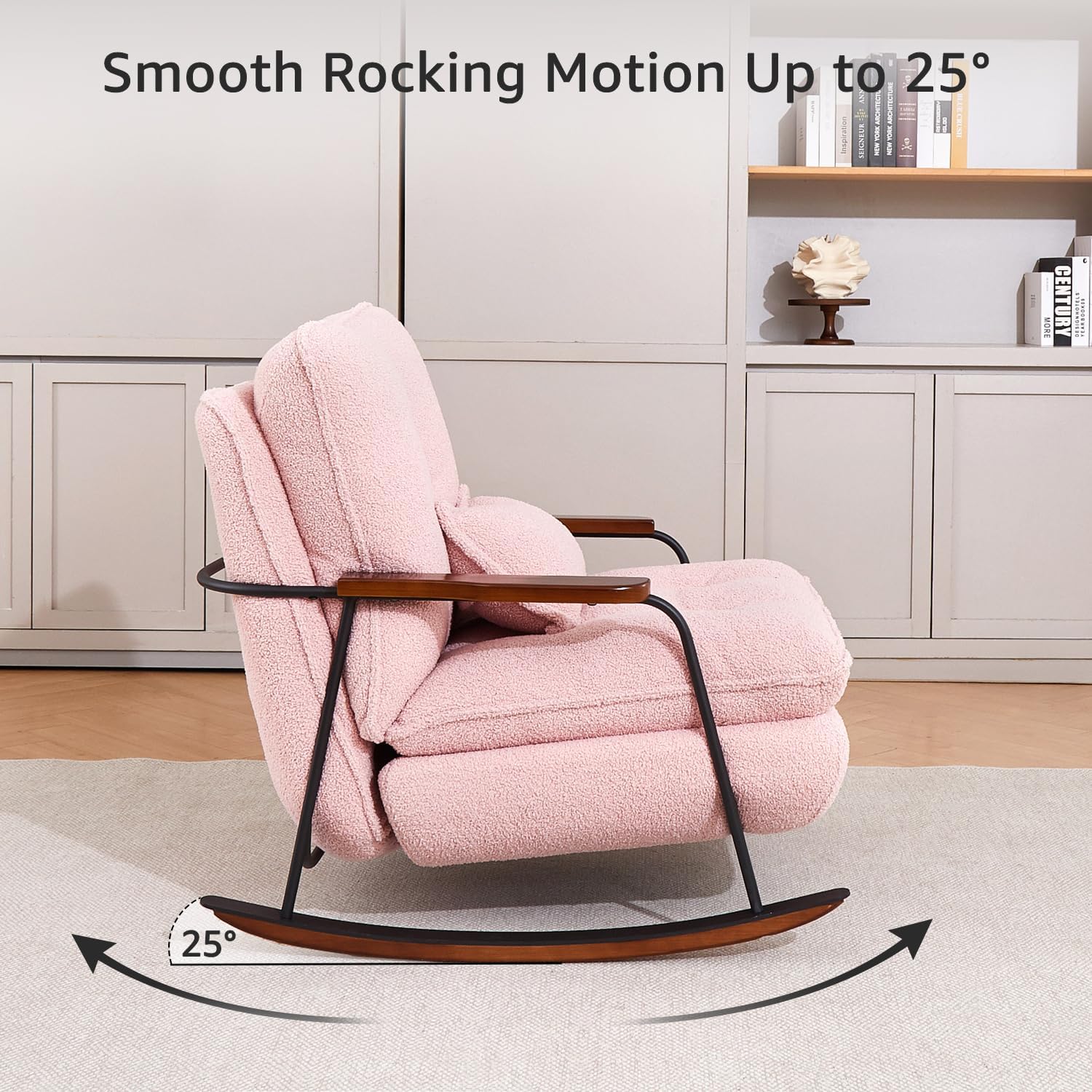 zyz Nursery Rocking Chair with Pillow, Teddy Upholstered Oversized Accent Chair Rocker Recliner, Solid Wood Frame, DIY Ottoman Footrest, Lazy Sofa for Living Room Bedroom (Teddy, Pink)