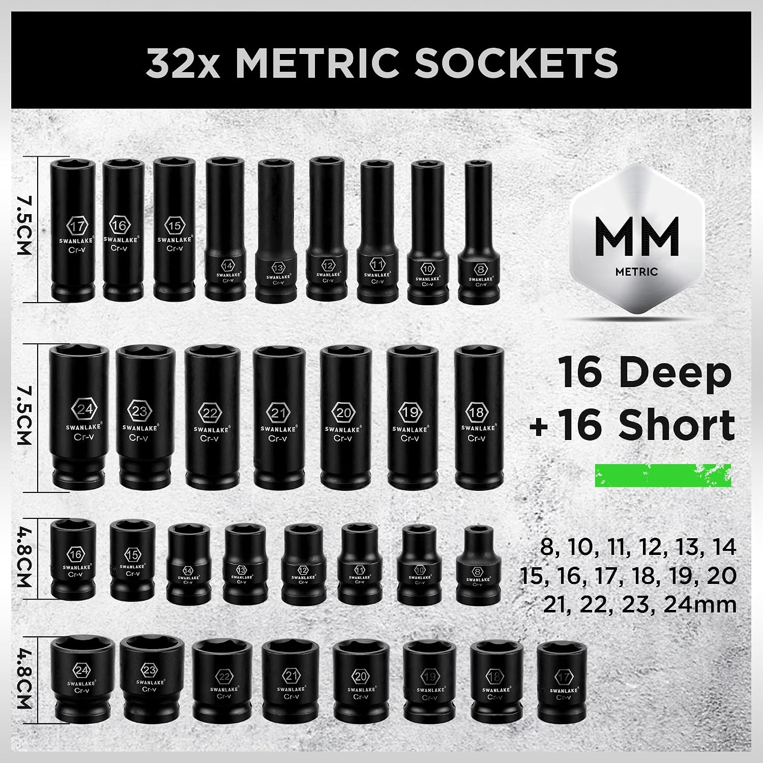 SWANLAKE 1/2' Drive Impact Socket Set, 66-Piece Standard SAE (3/8'-1-1/4') and Metric (8-24mm) Size, 6 Point, Cr-V, 1/2-Inch Drive Ratchet Handle, Extension Bar, Impact Universal Joint