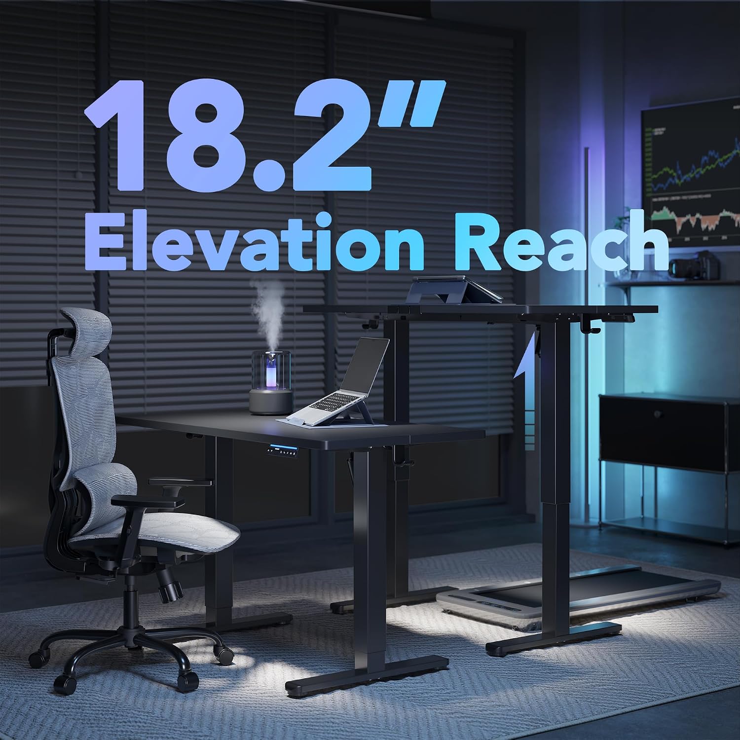 HUANUO 55' AI Smart Standing Desk with App-Synced Sedentary Reminders, Electric Height Adjustable Desk with Body-Data Ergonomic Presets, Voice Control Alexa/Google/Siri, 3 Memory Settings Table, Black