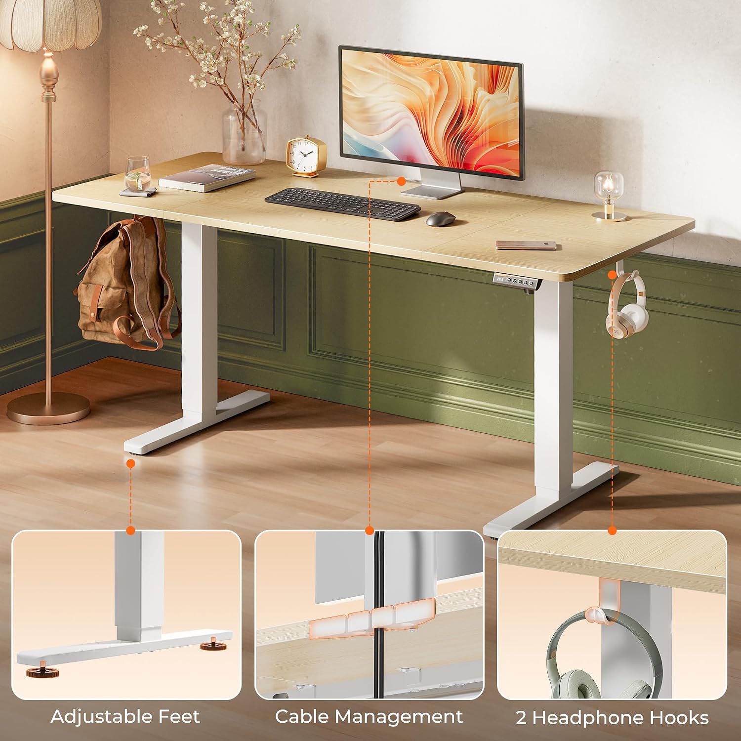 Huuger 63 x 28 Large Electric Standing Desk, Height Adjustable Computer Desk, 27.6' Deep Desktop, Stand up Gaming Office Table with 2 Hooks, 3 Preset Heights, for Home Office, Maple