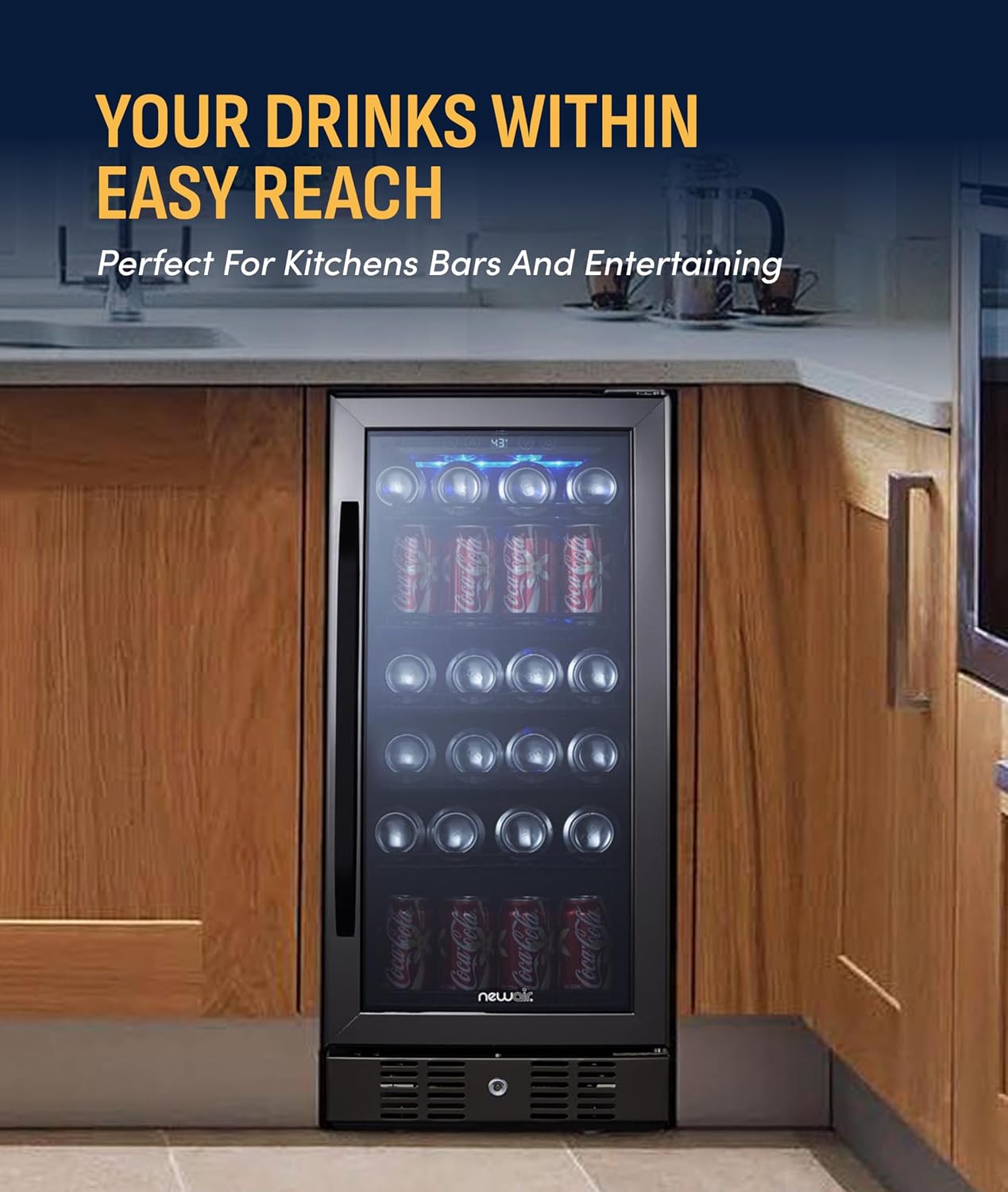 NewAir 96 Can Built-In Beverage Refrigerator | 15' Small Mini Fridge for Bedroom, Home Bar or Office | Quiet Cooling & Precise Temperature Control | Black Stainless Steel