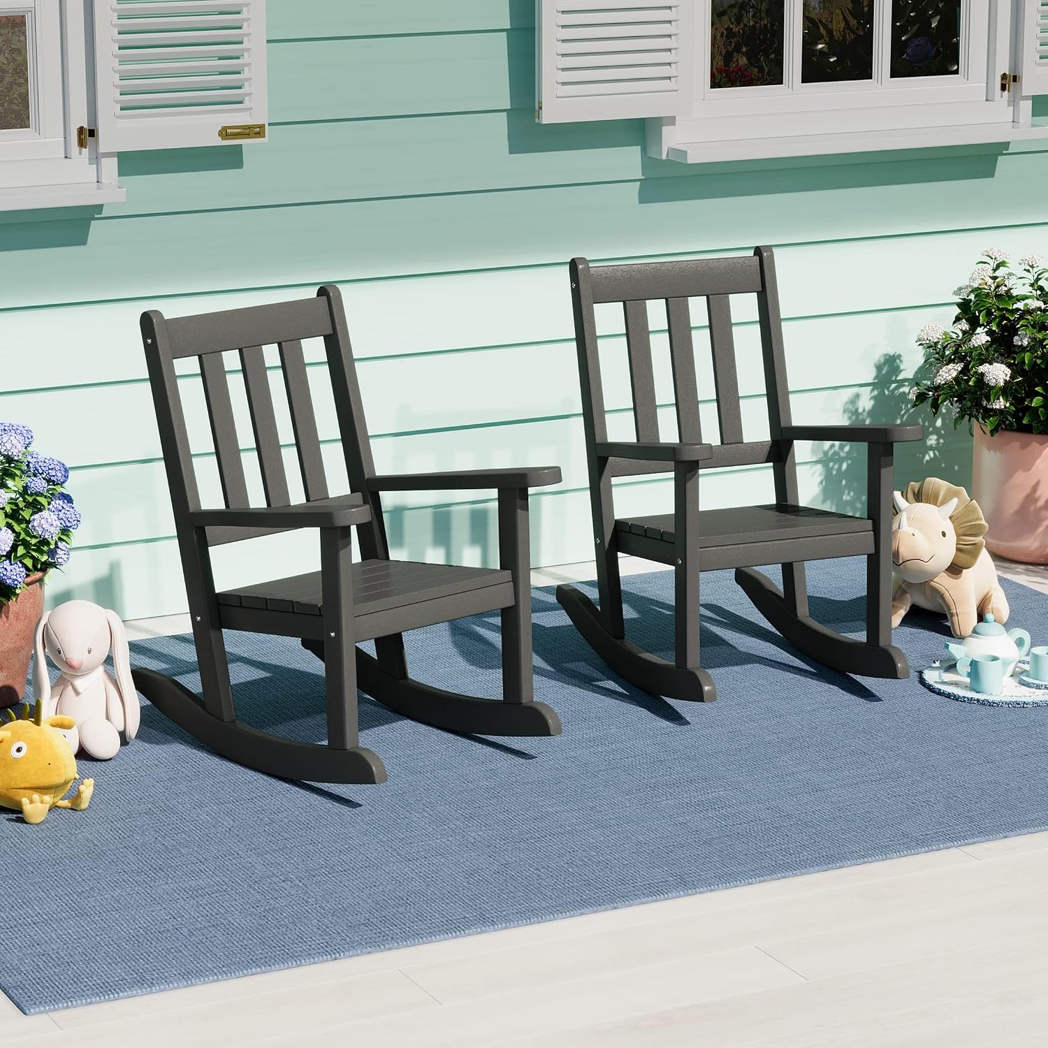 WestinTrends Malibu Outdoor HDPE Plastic Preschool Toddler Rocking Chairs (Set of 2), Gray