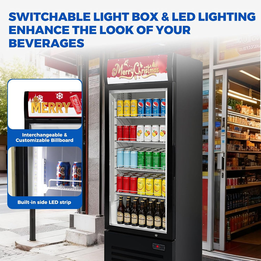Commercial Refrigerators 9 Cu.Ft Upright Merchandiser Drink Cooler – Glass Door Beverage Fridge with LED Light, Adjustable Shelves, Lock Wheels – Display Refrigerator for Beer, Bar, Shop