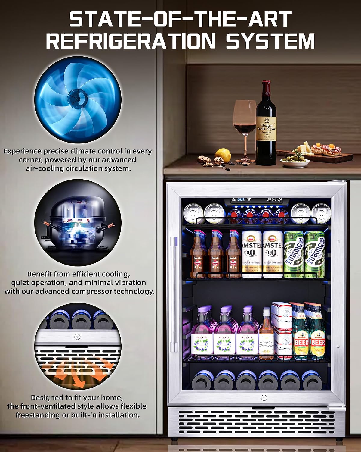 24-Inch Beverage Refrigerator, 200-Can Glass Door Cooler with Adjustable Shelves, Quiet Cooling, Freestanding or Under-Counter – Compatible with Beer, Soda, Wine, Milk, Suita