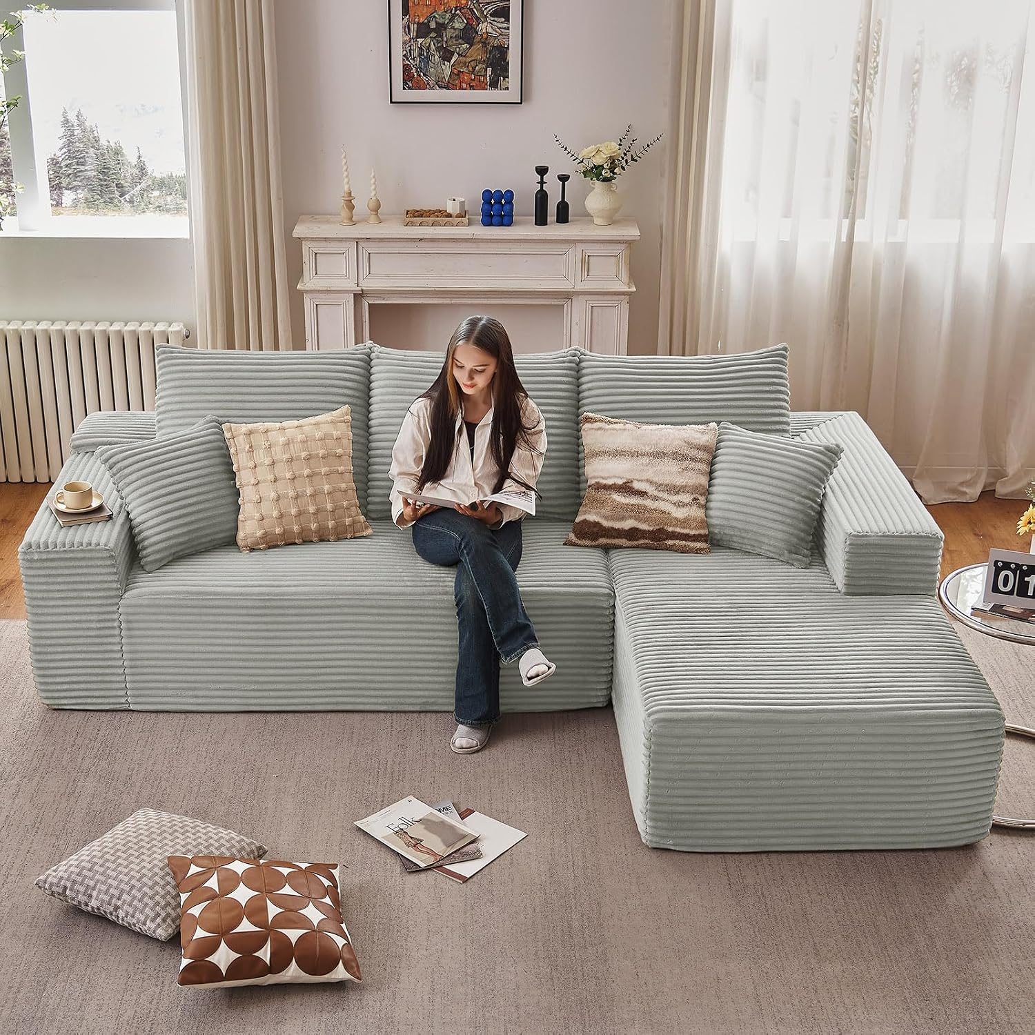 107' Cloud Sectional Couch with L-Shape Chaise, Modern Modular Comfy Sofa Chaise Longue, Upholstered Corduroy Couches Sleeper with Deep Seat for Living Room Bedroom, No Assembly Required, Grey