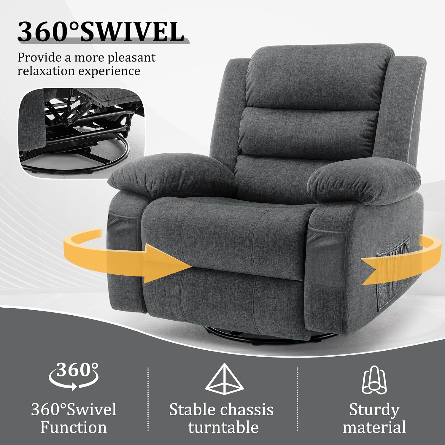 Korser Recliner Chair for Adults, Oversized 360° Swivel Rocker Recliner with Massage and Heat, Wide Nursery Glider Rocking Chair with Side Pockets, Cashmere Reclining Sofa for Living Room (Grey)