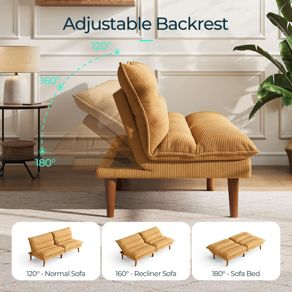 LINSY HOME Futon Sofa Bed - Convertible Corduroy Futon Couch Bed with Adjustable Backrest, Modern Small Loveseat Sleeper Sofa for Small Spaces, Living Room, Apartment or Office (Yellow)