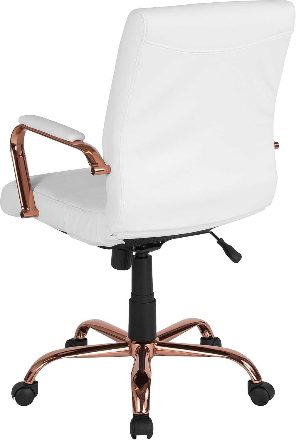 Flash Furniture Whitney Mid-Back Swivel LeatherSoft Desk Chair with Padded Seat and Armrests, Adjustable Height Padded LeatherSoft Office Chair, White/Rose Gold