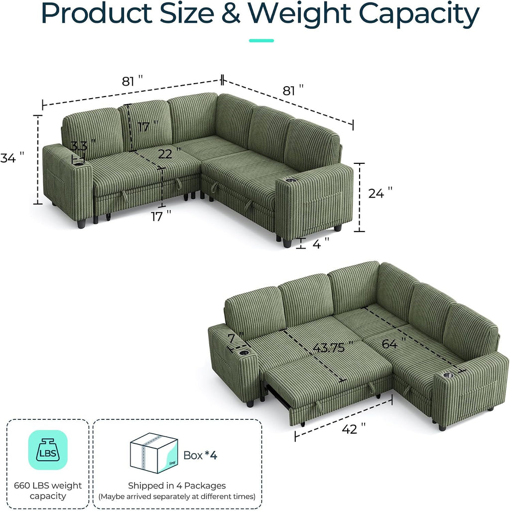 LINSY HOME Sectional Sleeper Sofa with Pull Out Couch Bed for Living Room (Green) | Plush Corduroy, Storage Ottoman, Storage Chaise, Pull Out Couch, USB Charging