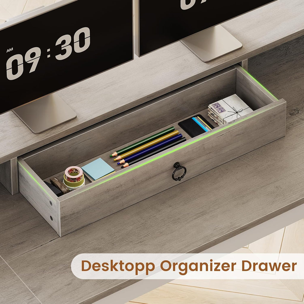 SEDETA 63' L Shaped Desk with Drawers, Farmhouse Corner Computer Desk, Wood Office Desk with File Drawers with Storage, Executive Desk with Monitor Stand and Storage Cabinet, Grey