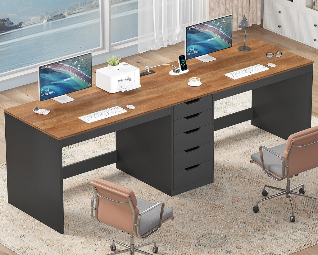 YOMILUVE 2 Person Desk with 5 Drawers and Power Outlets, 78.7 Inch Long Computer Desk with Storage File Cabinet, Two Person Home Office Double Desk with Storage, Brown and Black