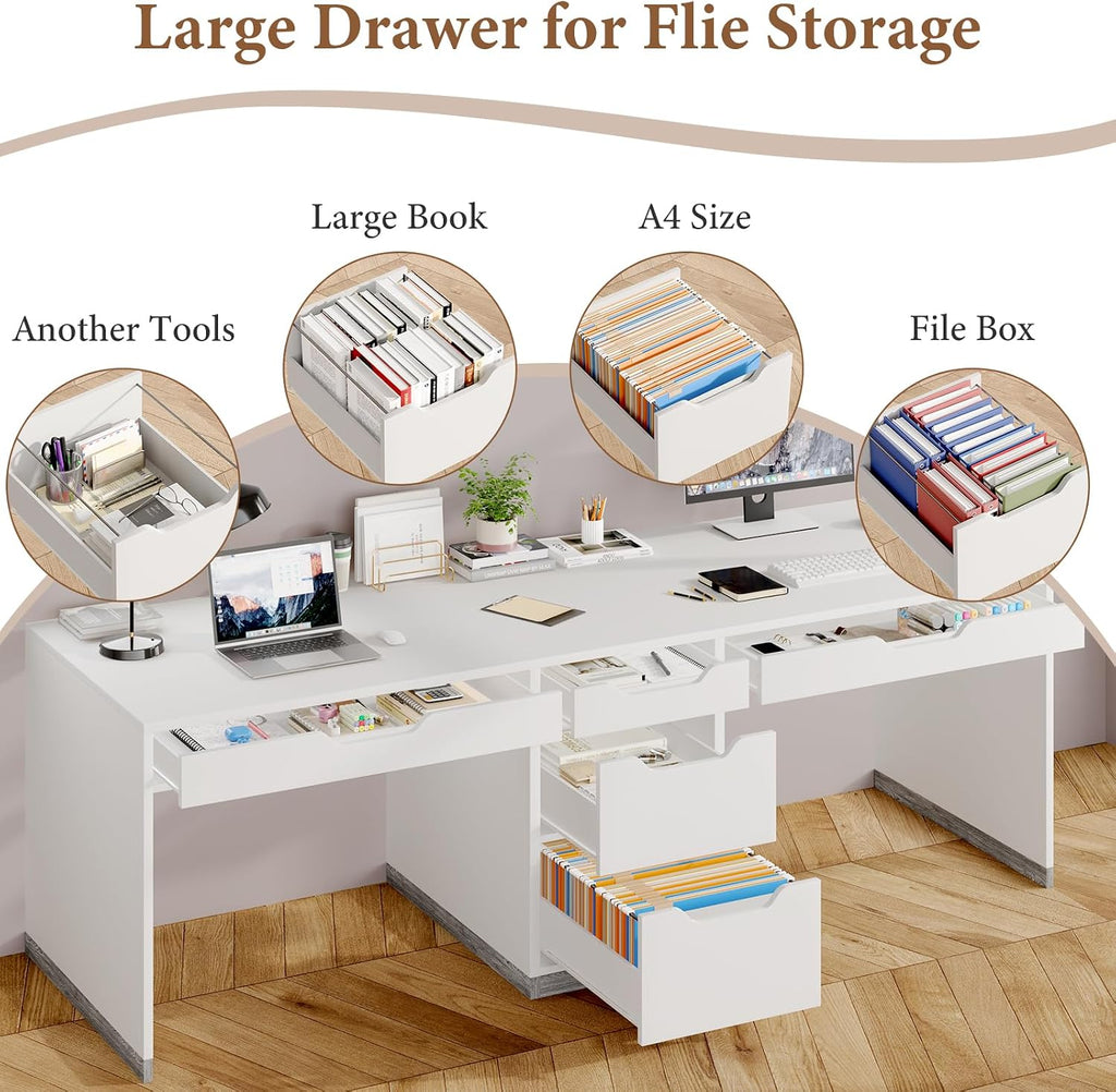 MaverickFurni Two Person Desk with 5 Drawers, Double Desk with Storage for 2 People, 78 Inch Extra Long White Desk Workstation with File Drawer for Home Office, White