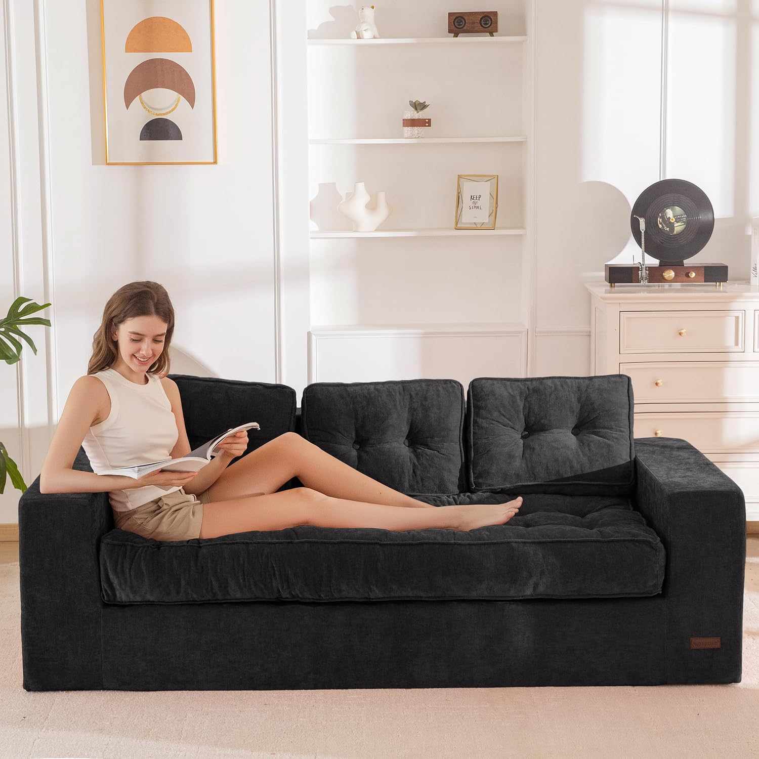 MAXYOYO 3-Seater Boneless Sofa Couch, Tufted Sofa Lounge for Living Room, Comfy Bean Bag Chair High-Density Foam Couch with Pillows, No Assembly Required