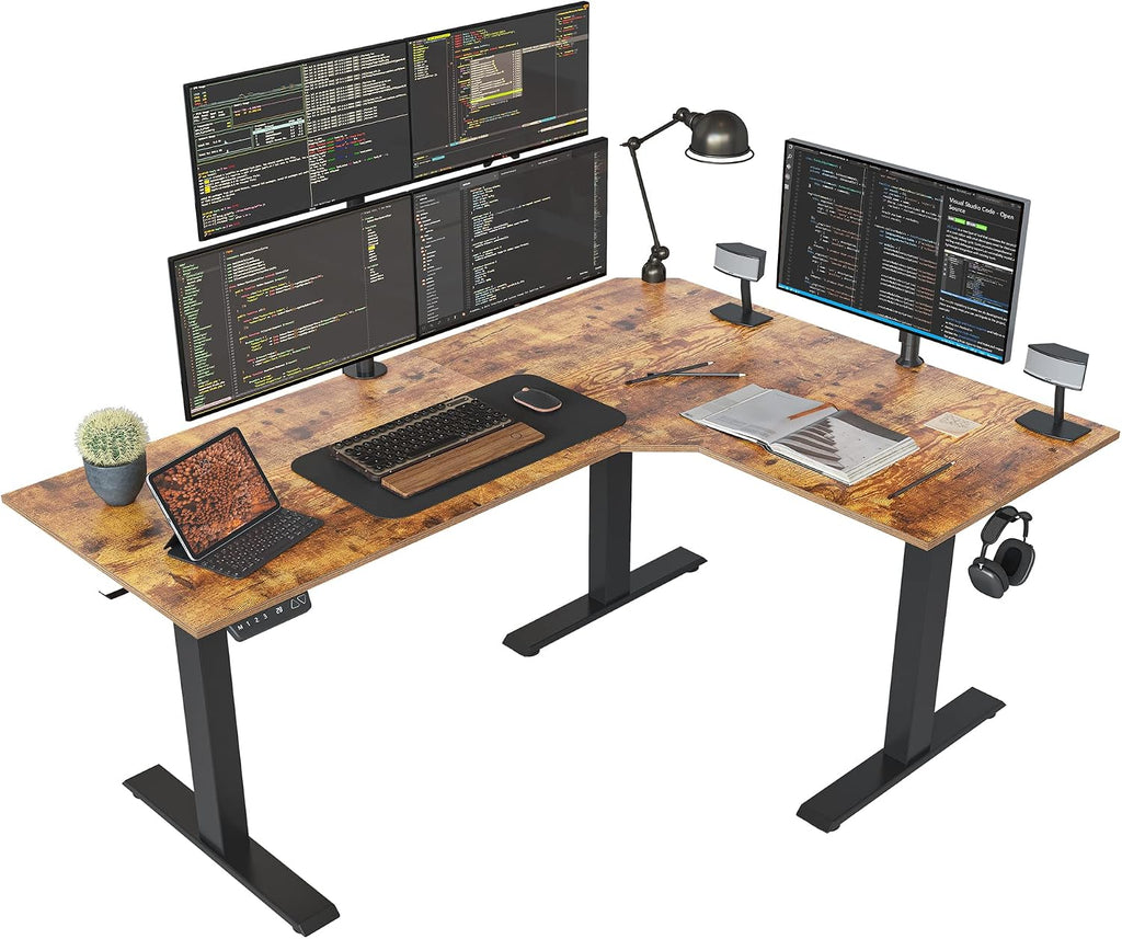 FEZIBO Triple Motor 63' L Shaped Standing Desk, Electric Standing Gaming Desk Adjustable Height, Corner Stand up Desk with Splice Board, Black Frame/Rustic Brown Top