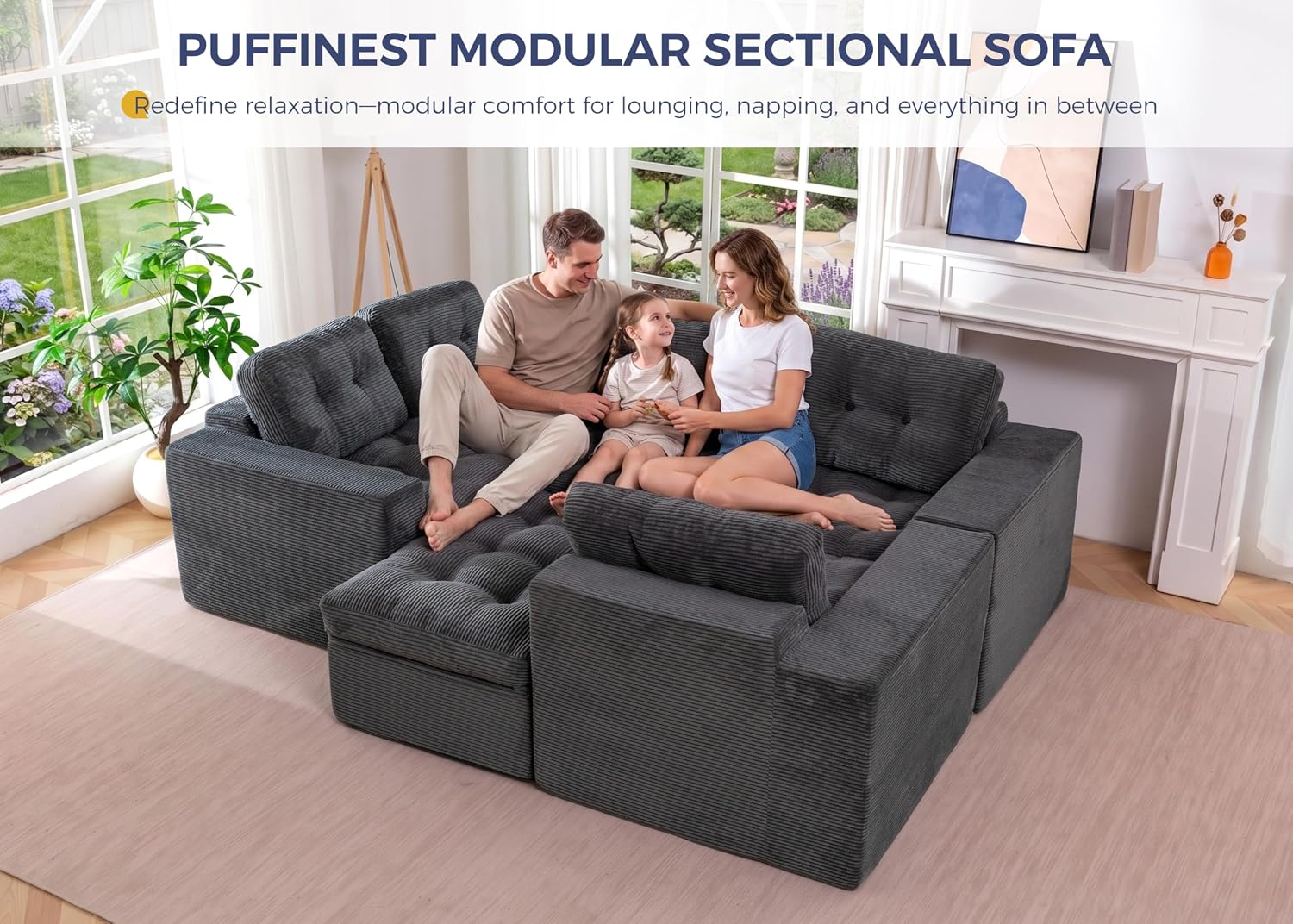 MAXYOYO Modular Sectional Sofa with Ottoman and Loveseat, Cloud Boneless Couch with Layered Cushion, Flexible Module Combination Sofa for Living Room, No Assembly Required,Dark Grey
